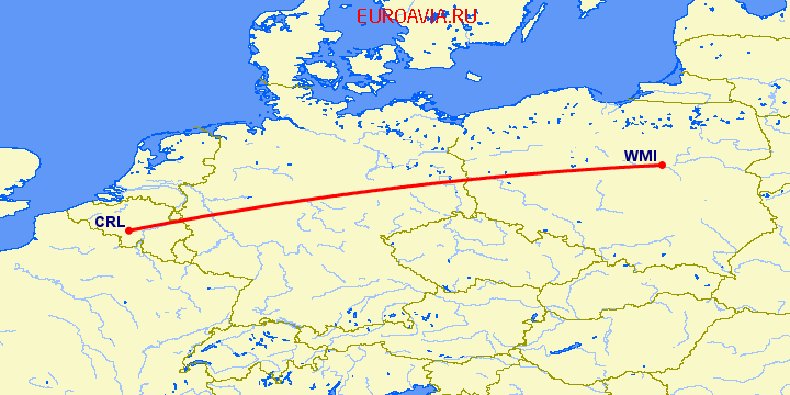 перелет Шарлеруа — Варшава на карте