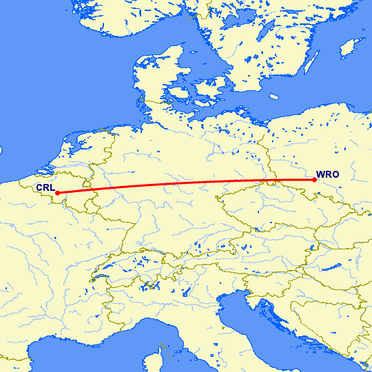 перелет Шарлеруа — Вроцлав на карте