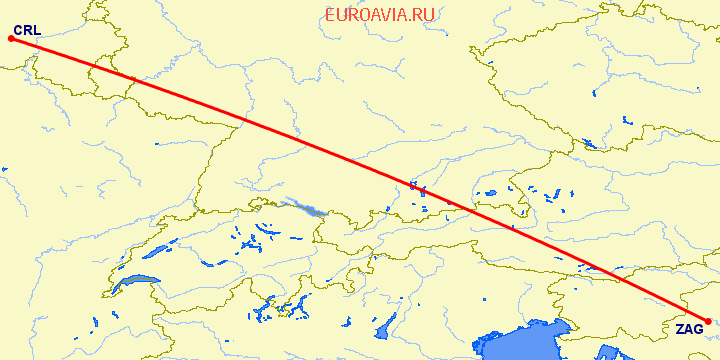 перелет Шарлеруа — Загреб на карте