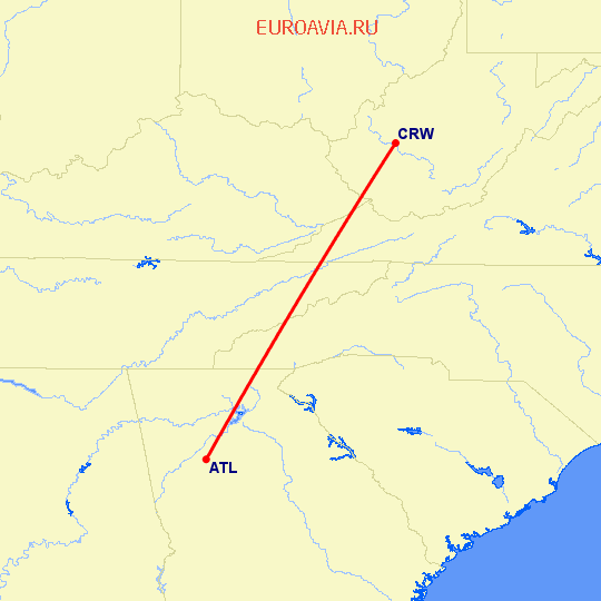 перелет Чарльстон — Атланта на карте