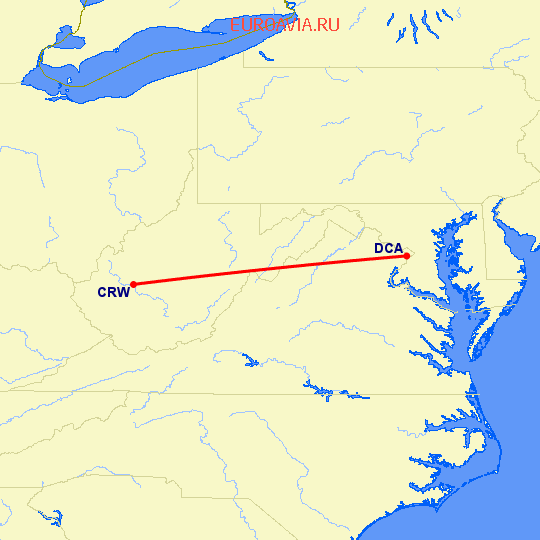 перелет Чарльстон — Вашингтон на карте