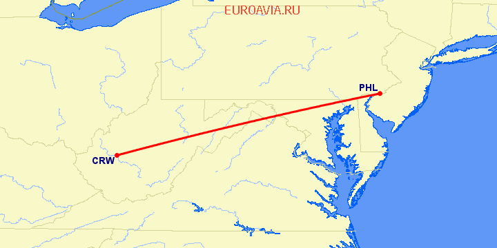 перелет Чарльстон — Филадельфия на карте