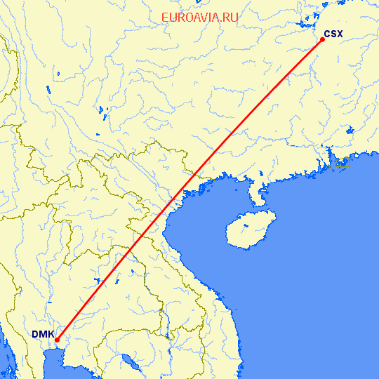 перелет Чанша — Бангкок на карте