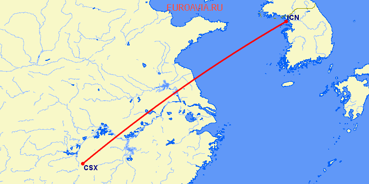 перелет Чанша — Сеул на карте