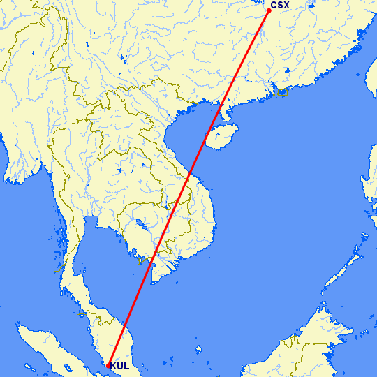 перелет Чанша — Куала Лумпур на карте