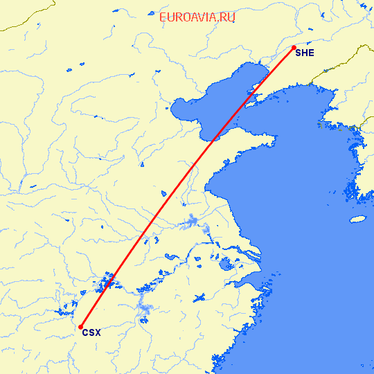 перелет Чанша — Шеньян на карте