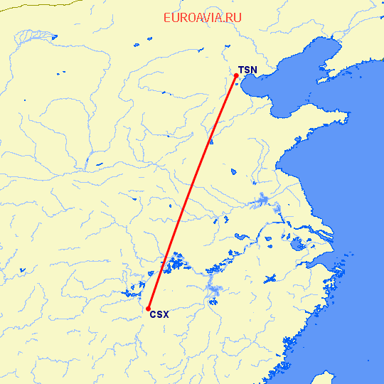 перелет Чанша — Тяньцзинь на карте