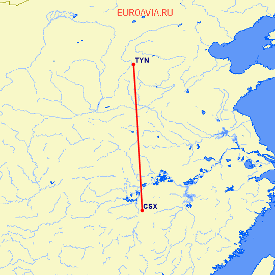 перелет Чанша — Тайюань на карте