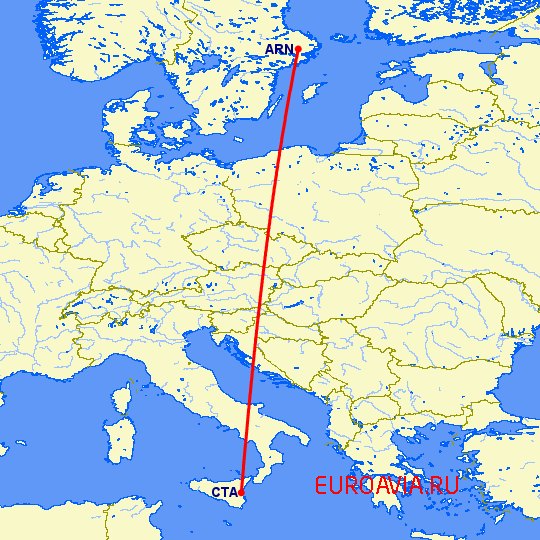 перелет Катания — Стокгольм на карте