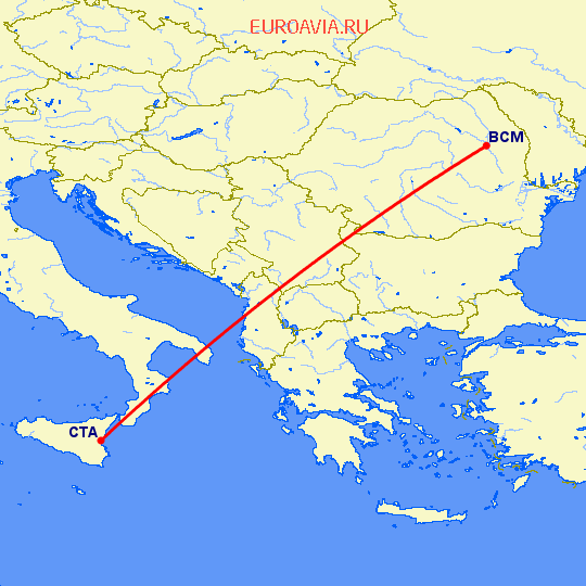 перелет Катания — Бакэу на карте