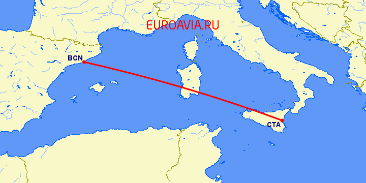 перелет Катания — Барселона на карте