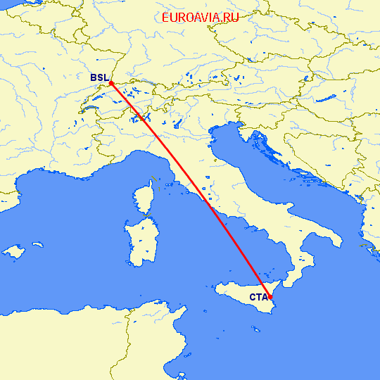 перелет Катания — Базель-Мюлуз на карте