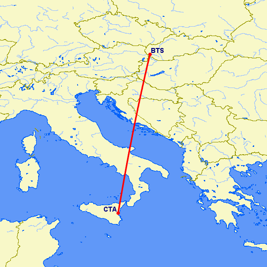 перелет Катания — Братислава на карте