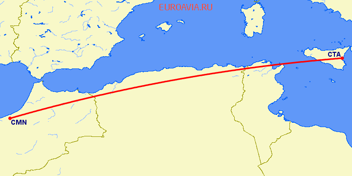 перелет Катания — Касабланка на карте