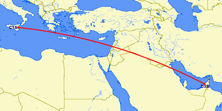 перелет Катания — Дубай на карте