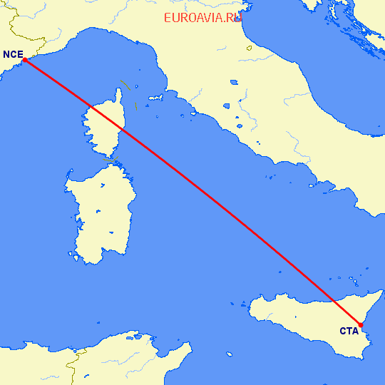 перелет Катания — Ницца на карте