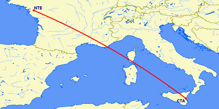 перелет Катания — Нант на карте