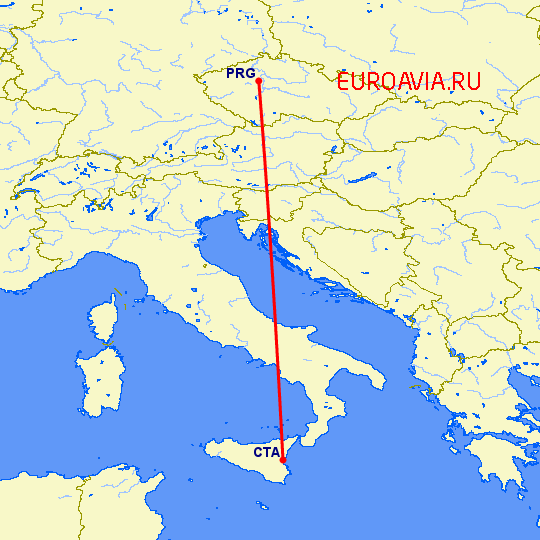перелет Катания — Прага на карте