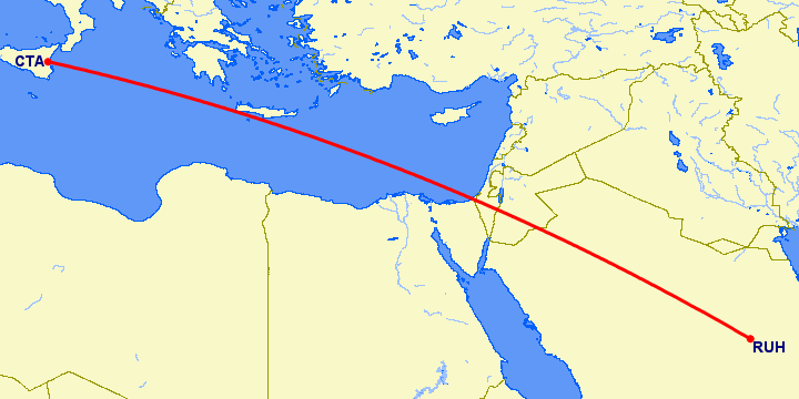 перелет Катания — Эр Рияд на карте