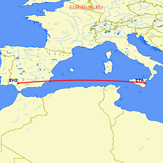 перелет Катания — Севилья на карте