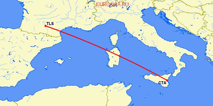 перелет Катания — Тулуза на карте