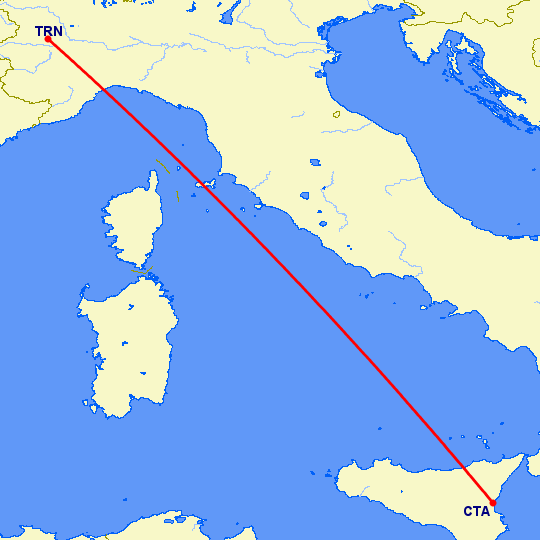 перелет Катания — Турин на карте