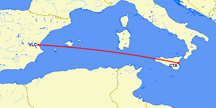 перелет Катания — Валенсия на карте