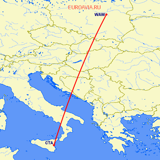 перелет Катания — Варшава на карте