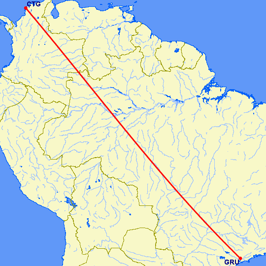 перелет Картегена — Сан Паулу на карте