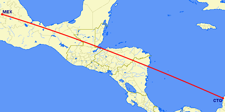 перелет Картегена — Мексико Сити на карте
