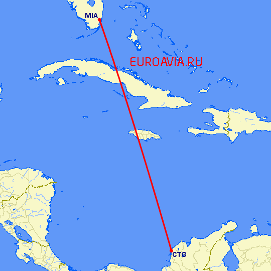 перелет Картегена — Майами на карте