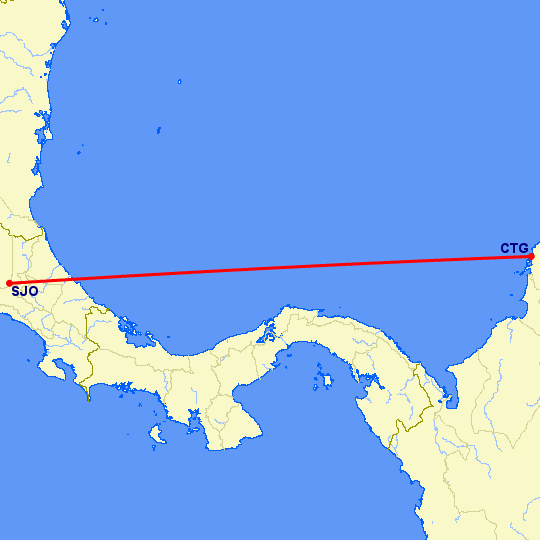 перелет Картегена — Сан Хосе на карте