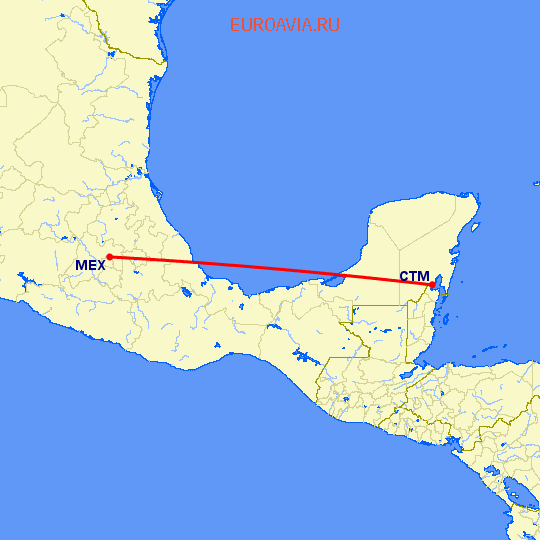 перелет Четумал — Мексико Сити на карте