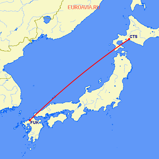 перелет Саппоро — Фукуока на карте