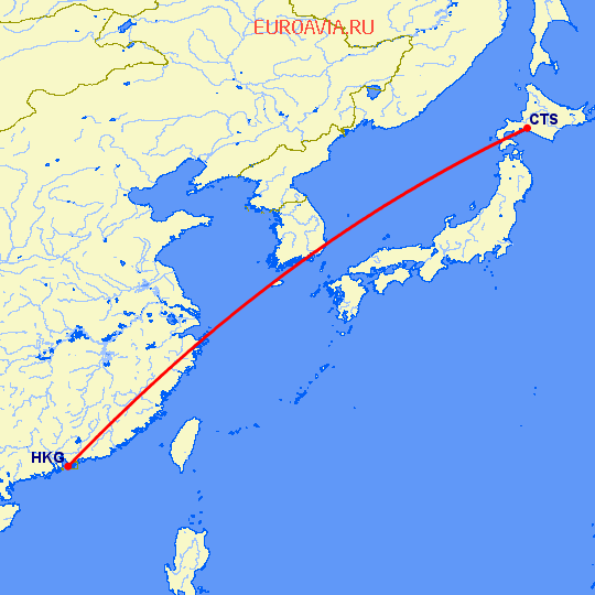 перелет Саппоро — Гонконг на карте