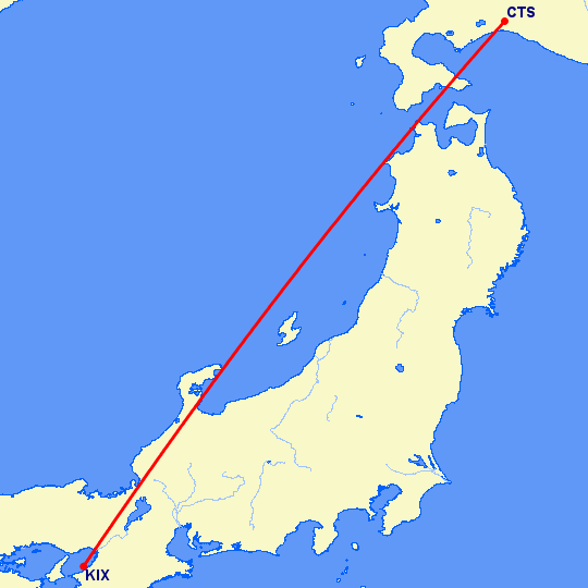 перелет Саппоро — Осака на карте