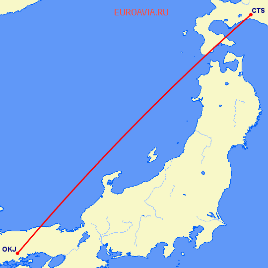 перелет Саппоро — Окаяма на карте