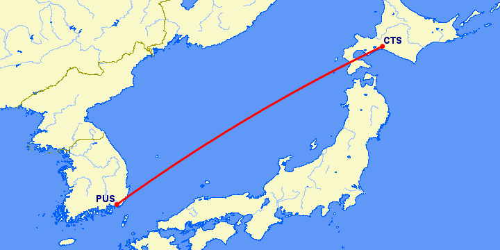 перелет Саппоро — Пусан на карте