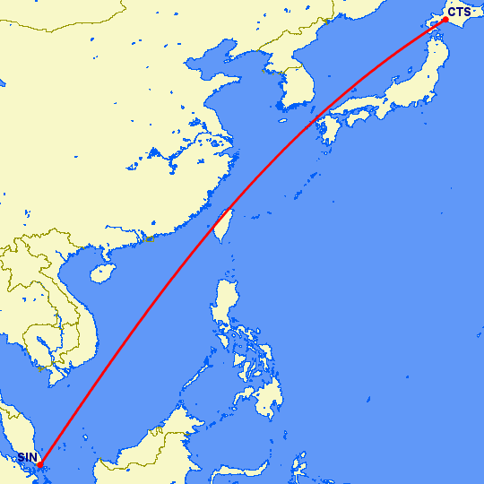 перелет Саппоро — Сингапур на карте