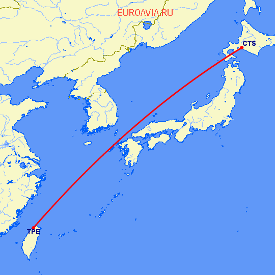 перелет Саппоро — Тайбэй на карте