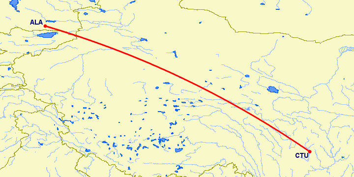 перелет Ченгду — Алматы на карте