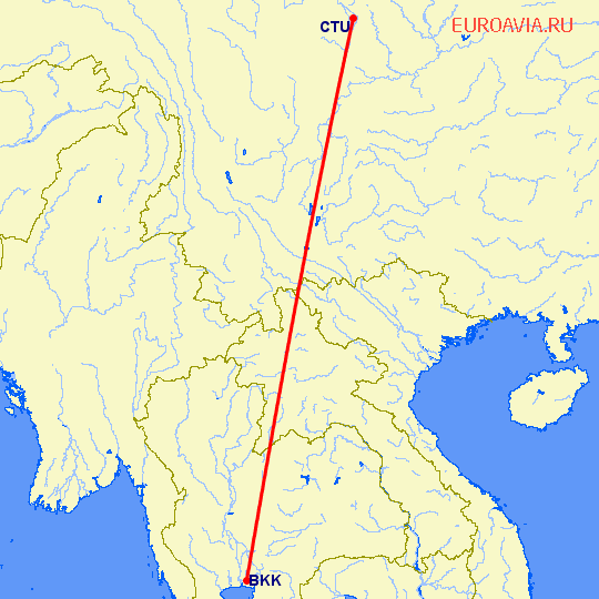 перелет Ченгду — Бангкок на карте