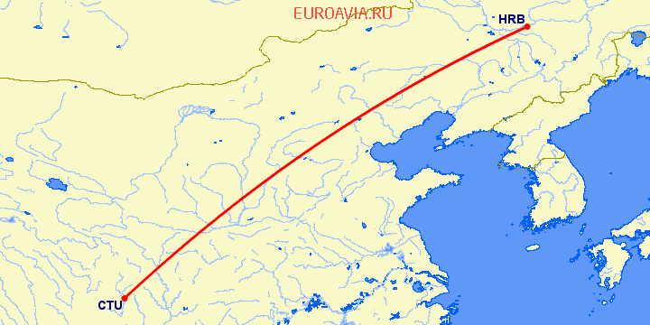 перелет Ченгду — Харбин на карте