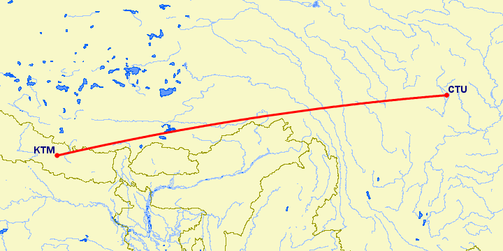 перелет Ченгду — Катманду на карте