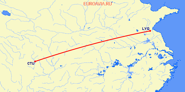 перелет Ченгду — Лианьюнан на карте
