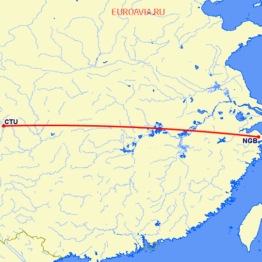 перелет Ченгду — Нинбо на карте