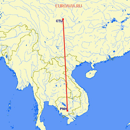 перелет Ченгду — Пномпен на карте