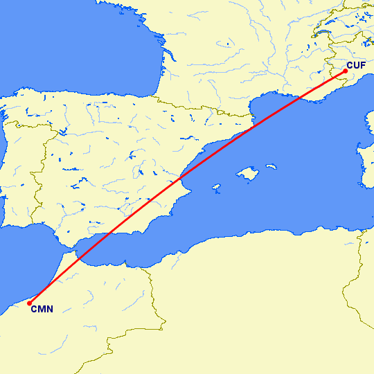 перелет Кунео — Касабланка на карте