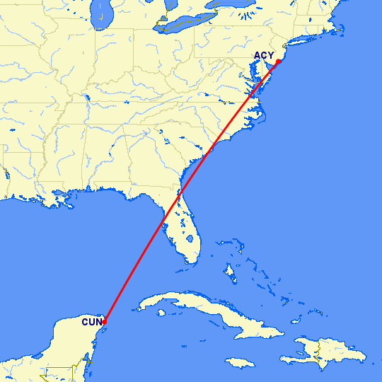 перелет Канкун — Атлантик Сити на карте