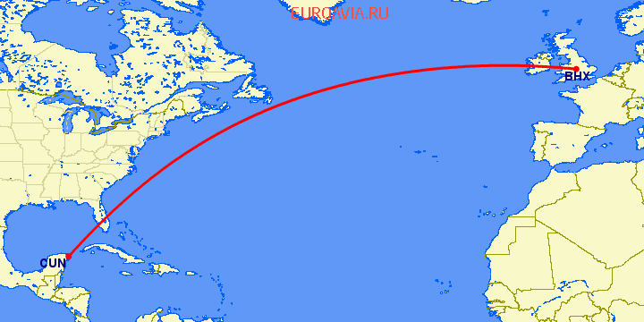 перелет Канкун — Бирмингем на карте